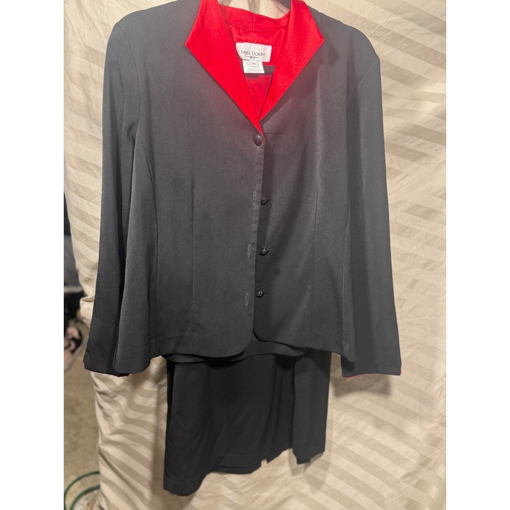 Miss Dorby Vintage Skirt Suit Set Black Red Contrast Lapel Blazer Size 14